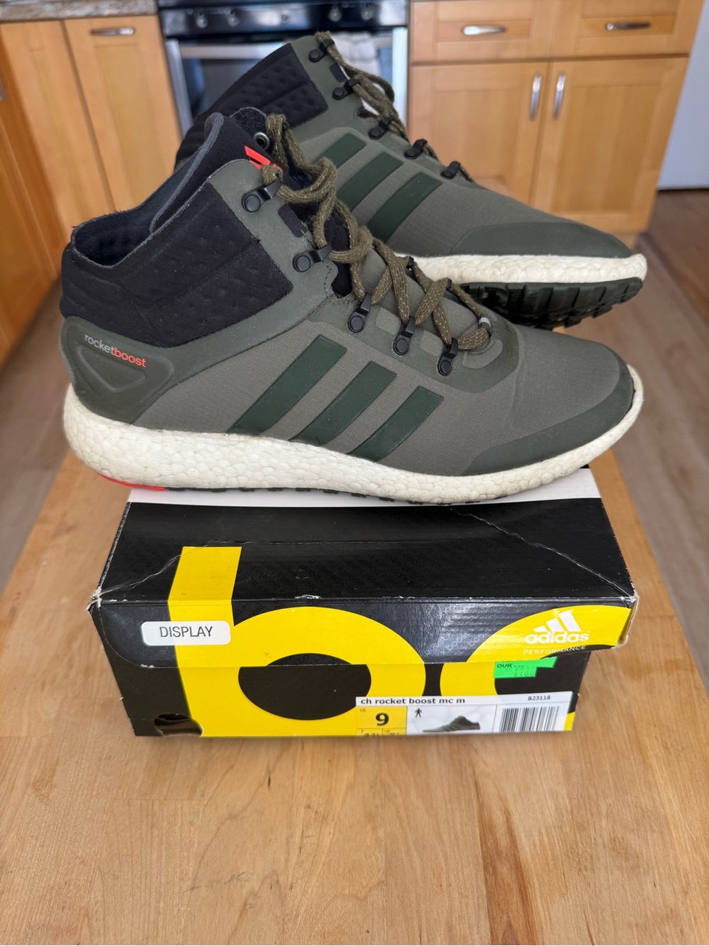 adidas Rocket Boost Mid-Top Athletic Shoes in Olive Green and Black